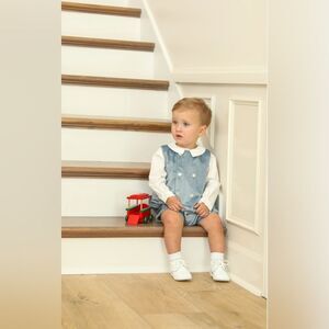 New Luli and Me Boys Blue Deluxe Velvet Romper size multiples